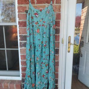 Teal blue floral maxi dress %100 cotton